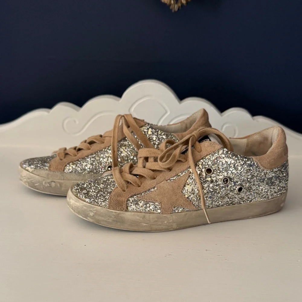 Golden Goose Beige and Silver Glitter Sneakers - Picture 9 of 16